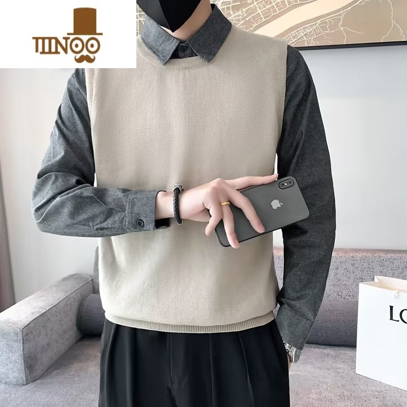 YANXU男士假衬衫领时尚内搭毛衣韩版潮流修身拼接打底针织衫高清大图