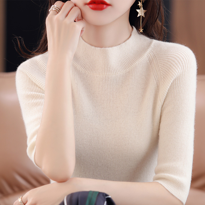 春秋半高领中袖修身内搭打底衫上衣女2022新款纯色套头针织衫毛