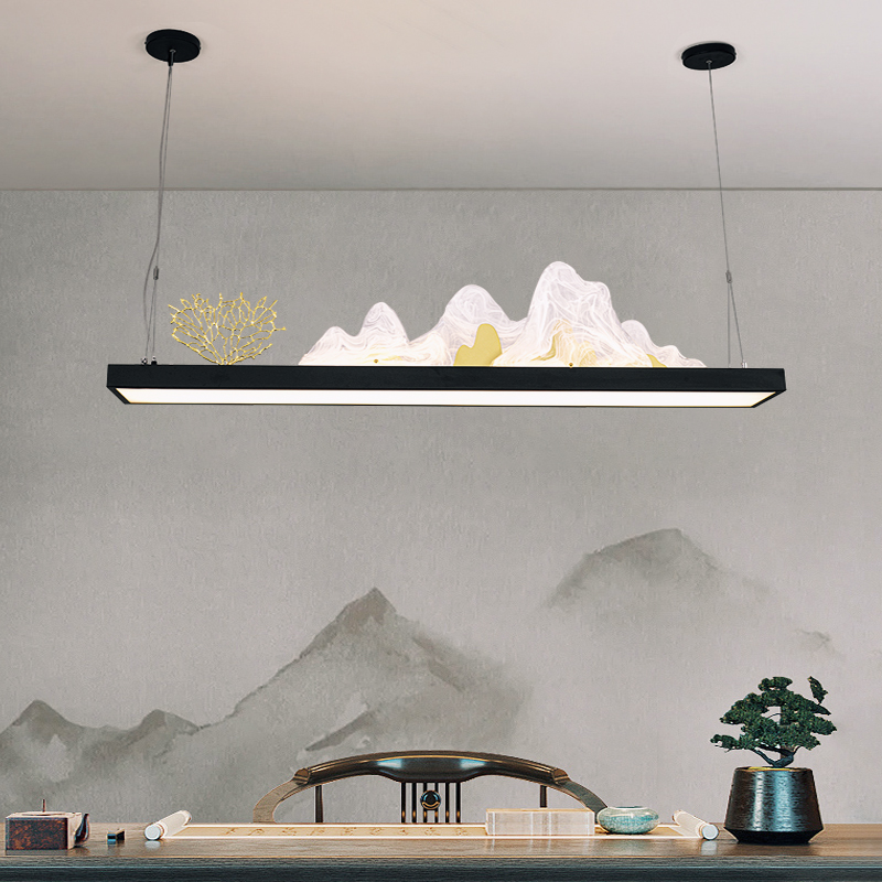 克罗斯塔 新中式茶室吊灯客厅长方形LED山水中国风禅意山水茶桌餐厅吧台灯饰