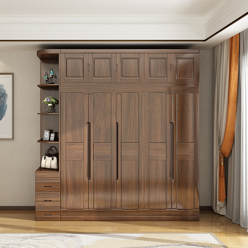 兰秀家居新中式胡桃木衣橱三门四门五门六门实木大衣柜转角顶柜组合