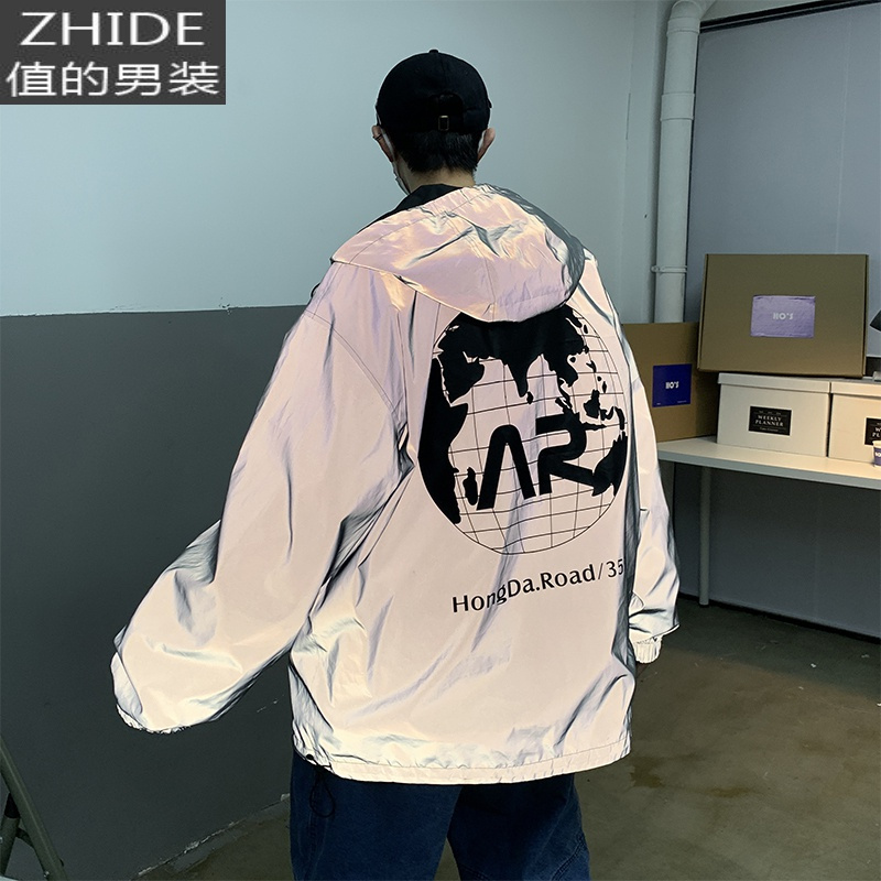 SUNTEK两面穿夹克男韩版潮流宽松休闲反光外套港风百搭春季大码连帽上衣夹克