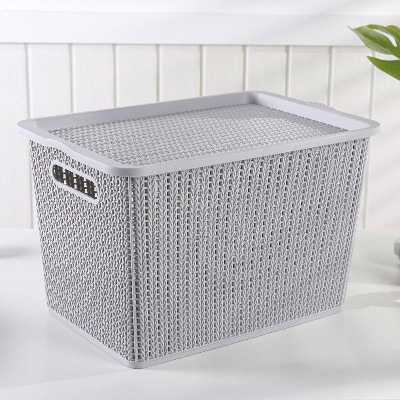 家柏饰(CORATED)仿藤编收纳篮塑料收纳筐有盖储物篮镂空水果框子零食收纳盒整理 大号-北欧灰