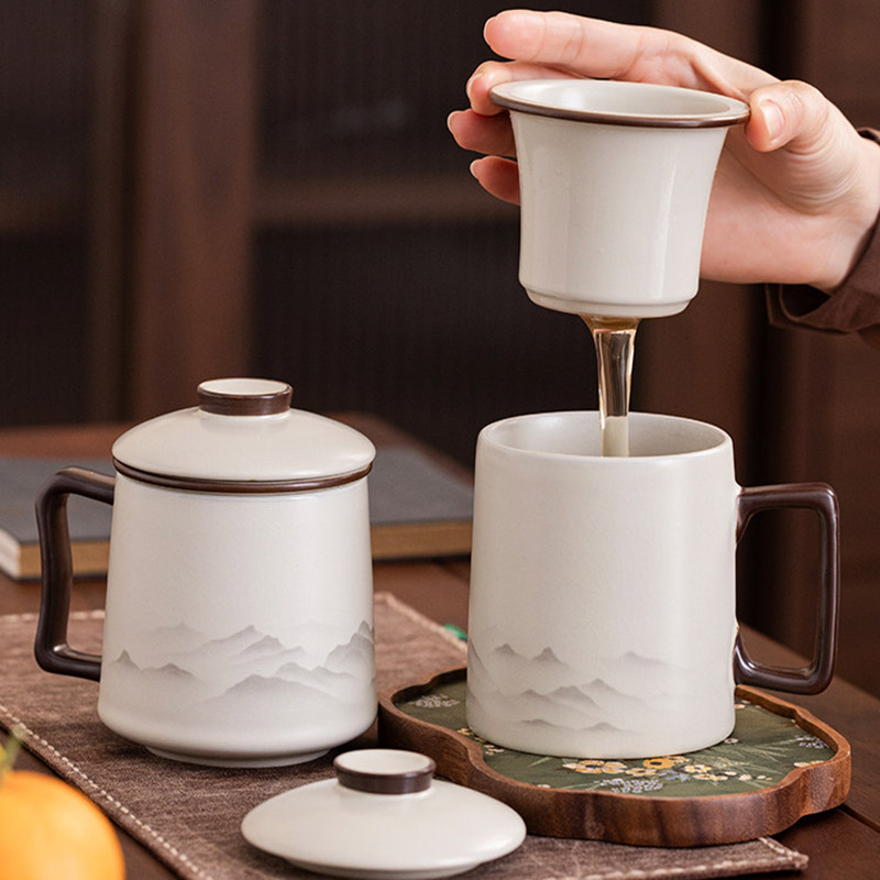 汝窑茶杯陶瓷米黄泡茶杯水墨远山带盖过滤水杯-黄汝窑(远山)龙雀杯-简装200ml-400ml高清大图