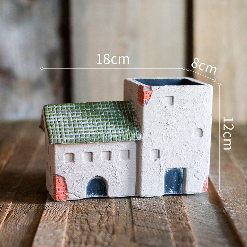 家柏饰(CORATED)圣岛小屋小房子水泥花器多肉花盆艺术摆件杂货花园阳台种植 绿顶小屋(小屋花器D)(不能打孔) 大高清大图