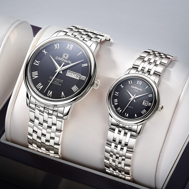 正品瑞士嘉年华CARNIVAL自动机械表男表女表进口机芯情侣手表一对价男女表防水潮名十大品牌情侣对表508 银黑一对