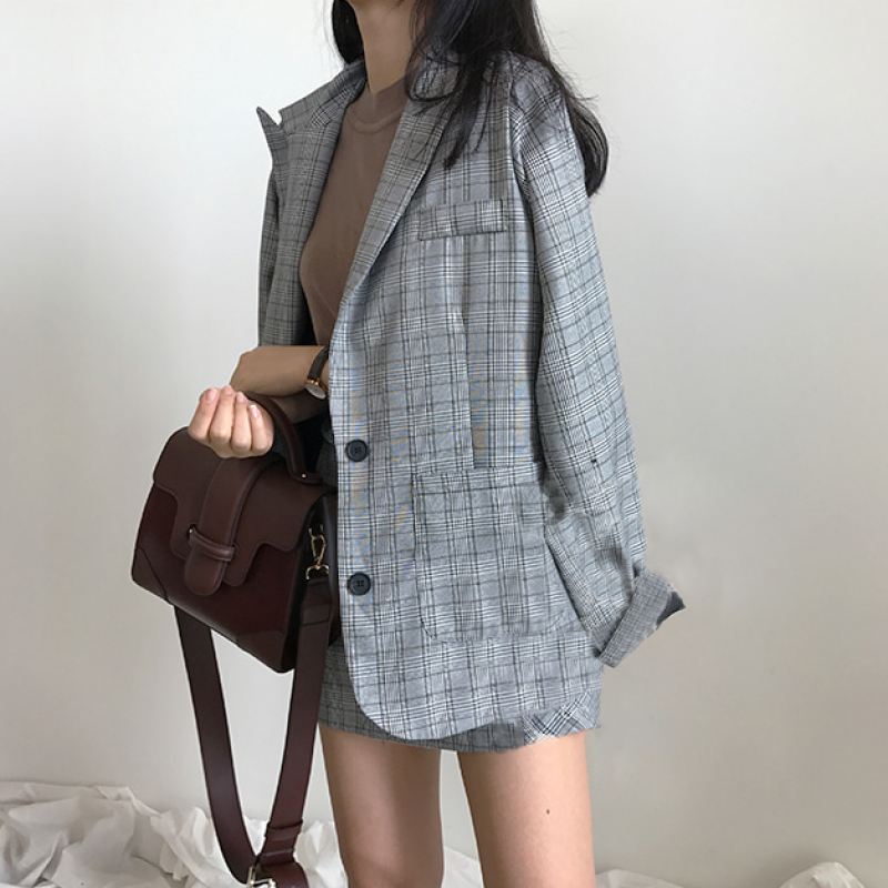 春装韩版复古英伦格子西装外套时尚套装+高腰半身裙短裙两件套女