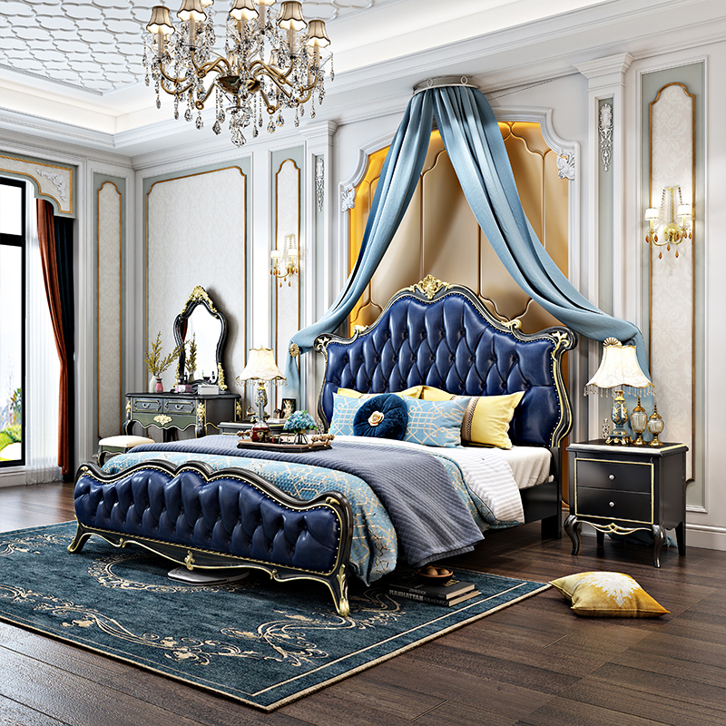 米括mikuo欧式实木床18米黑檀色简约双人真皮橡木雕花主卧室公主婚床