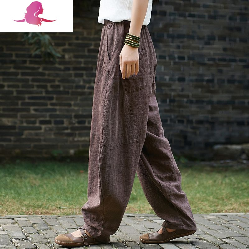 灯笼裤女春秋复古宽松阔腿哈伦裤民族风亚麻裤松紧腰休闲长裤休闲裤