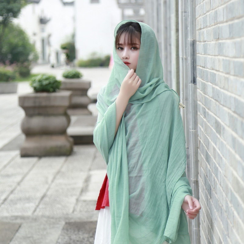 盛世尼曼棉麻茶卡盐湖围巾女纯色超大丝巾夏季薄款防晒披肩海边纱巾沙滩巾