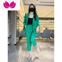 七斓夏装休闲时尚西装套装女新款设计感绿色西服外套显瘦阔腿裤套 L建议110-120斤 绿色套装