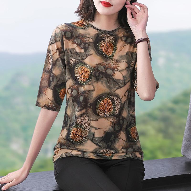 oukabuyi中老年妈妈装春夏装胖mm宽松遮肚子短款上衣t恤女