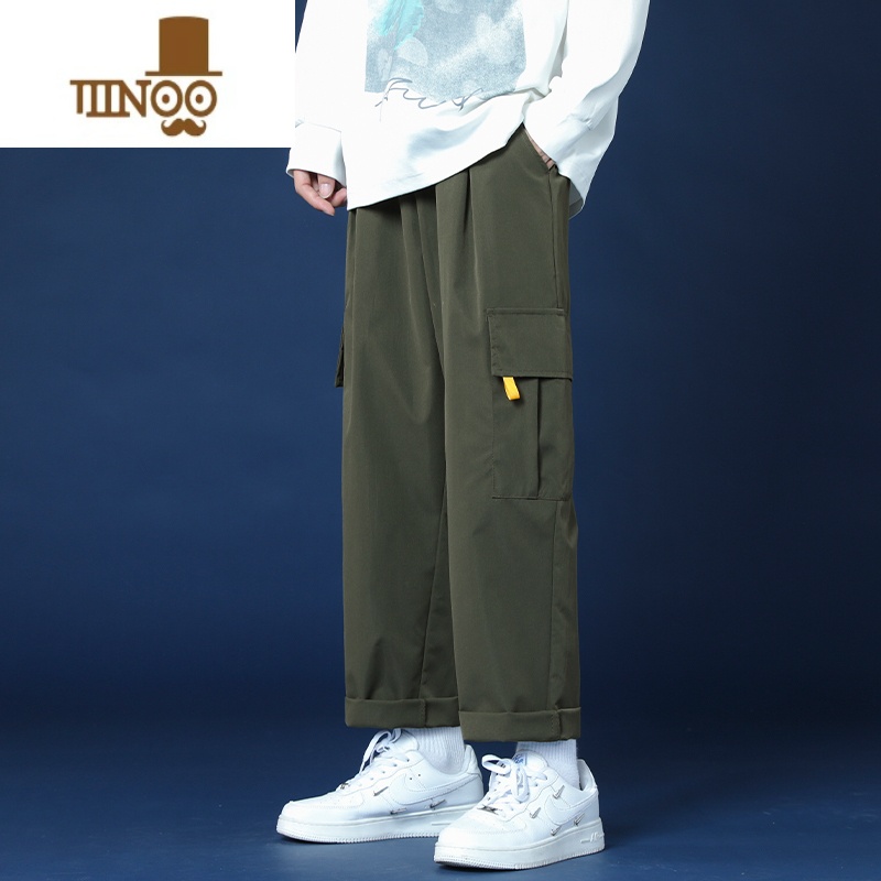 YANXU卡其工装男裤薄款潮牌宽松直筒裤男生潮流百搭休闲运动九分裤高清大图