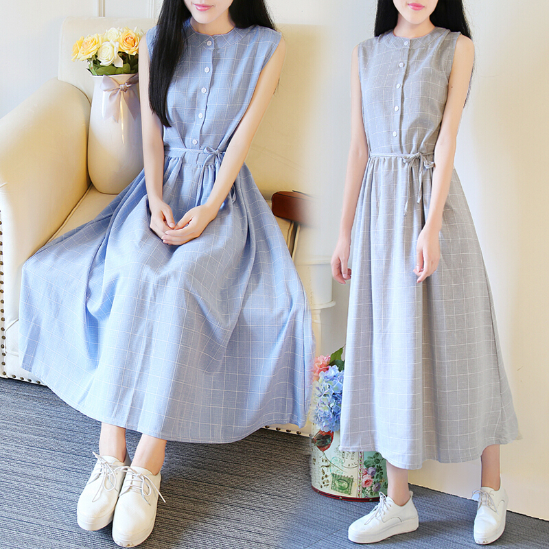 春装女夏学生韩版棉麻长裙过膝带背心裙子