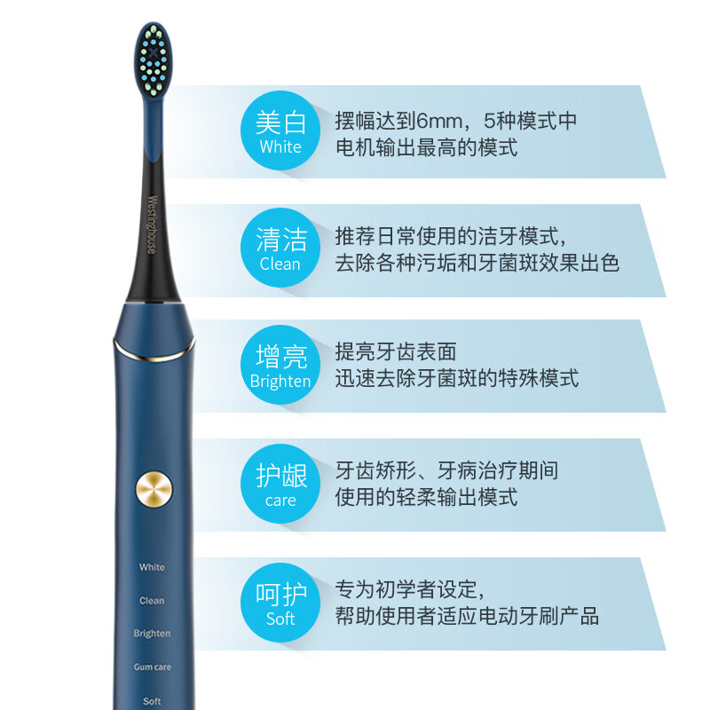 西屋(WESTINGHOUSE) WT-507 电动牙刷成人声波震动牙刷 情侣款电动牙刷 蓝高清大图