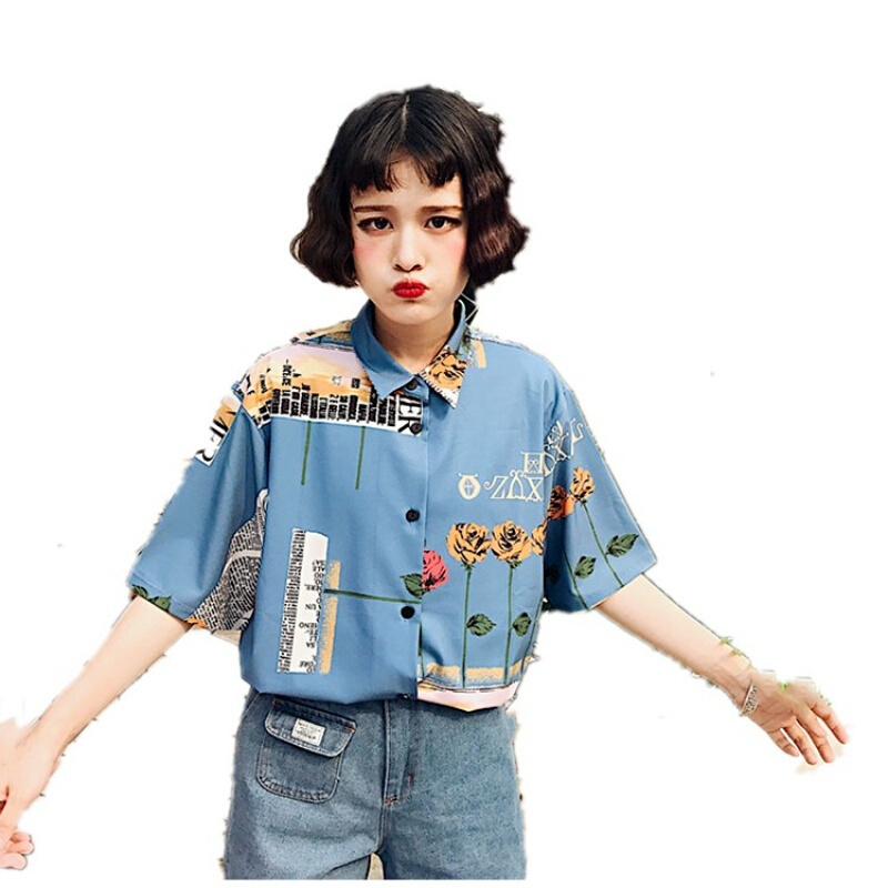 2018衬衣玫瑰花美式男朋友风复古衬衫中袖印花中生衬衫女蓝色