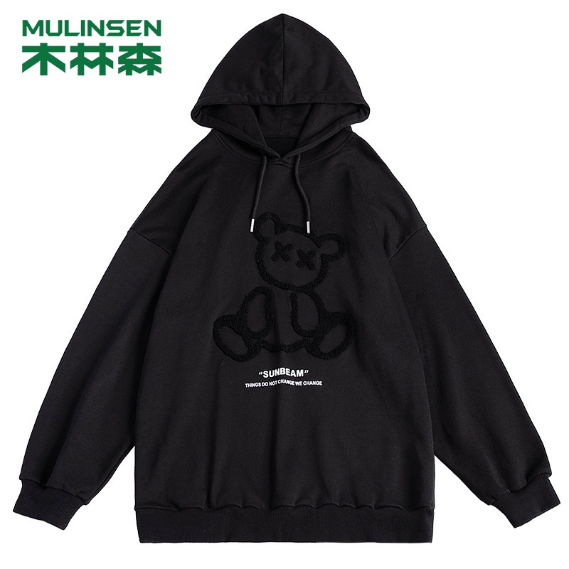 [直营]木林森(MULINSEN)秋冬新款潮牌同色立体植绒小熊情侣连帽卫衣男户外休闲衣