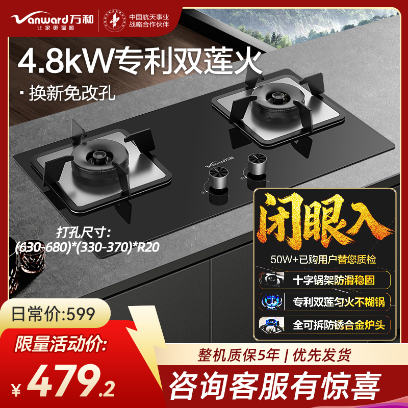 万和 一级能效 [蓝莲花]燃气灶4.8kW大火力玻璃嵌入式台式两用灶具 易清洁灶具JZY-B9L50(液化气)高清大图