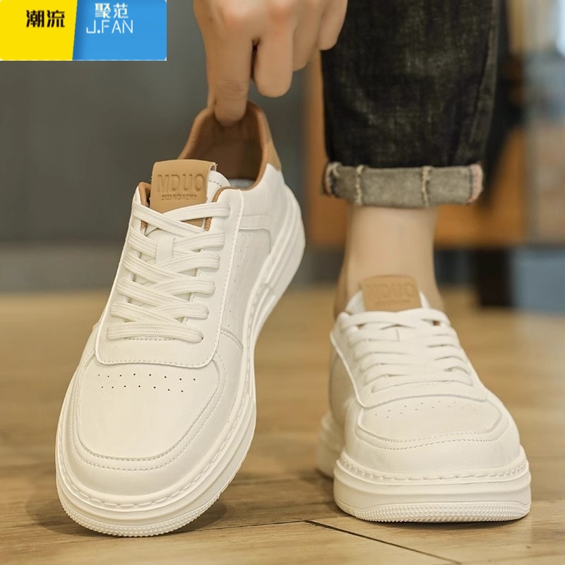 聚范纯白男鞋2024新款夏季透气厚底运动休闲板鞋男士百搭皮面小白潮鞋高清大图