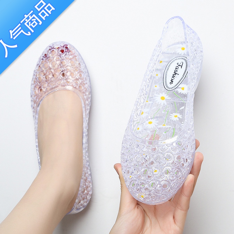 SUNTEK新款水晶凉鞋女夏季包头外穿镂空果冻透明坡跟网红ins潮U跟n红高清大图