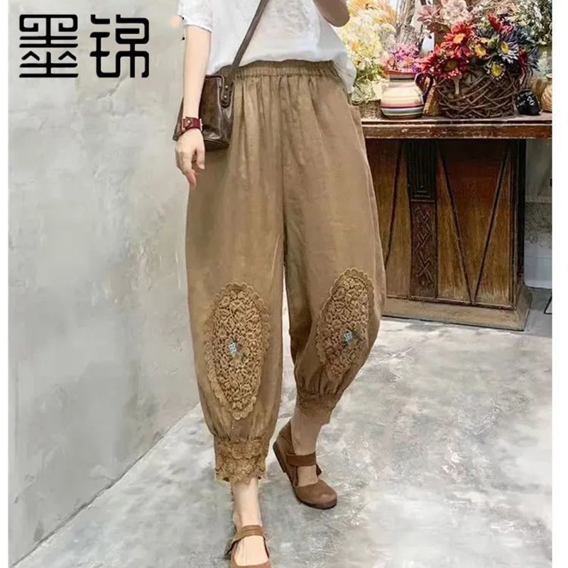 墨锦田园风女装文艺复古棉麻休闲夏季九分裤刺绣蕾丝哈伦灯笼裤女
