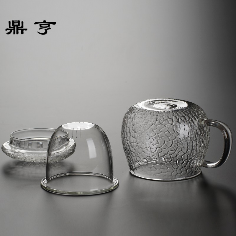 鼎亨玻璃茶具锤纹加厚耐热玻璃过滤办公室大号泡茶杯子带盖花茶茶
