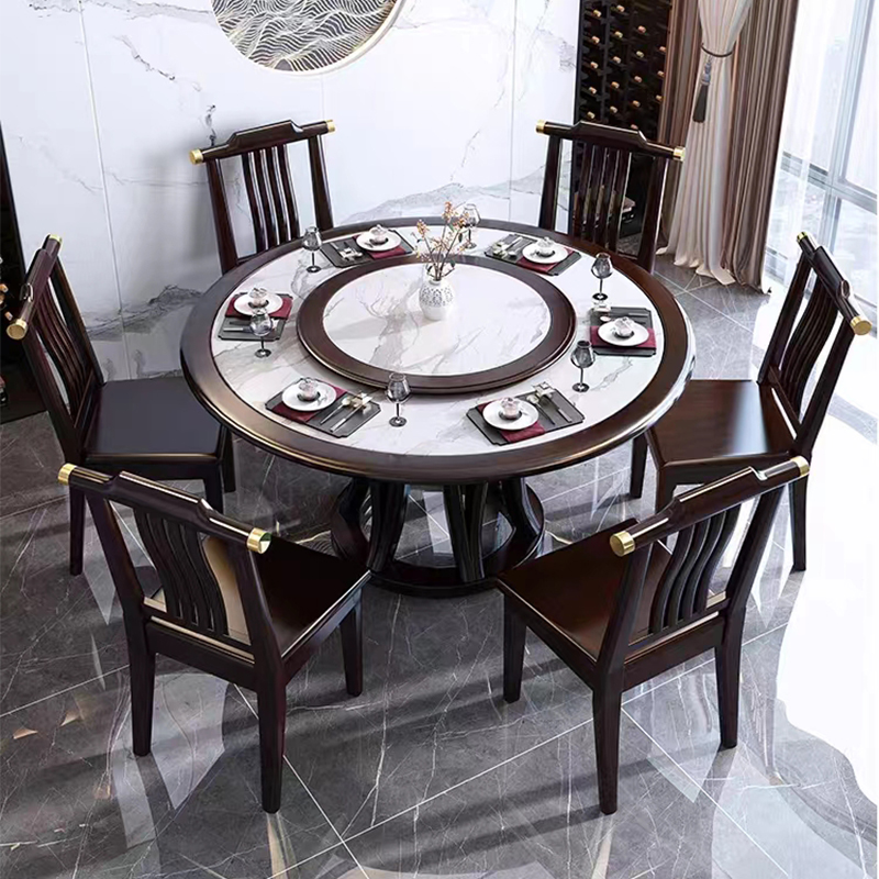 臻远 ZY3110408 岩板餐桌实木圆形餐桌椅组合1.2米圆桌6把餐椅高清大图