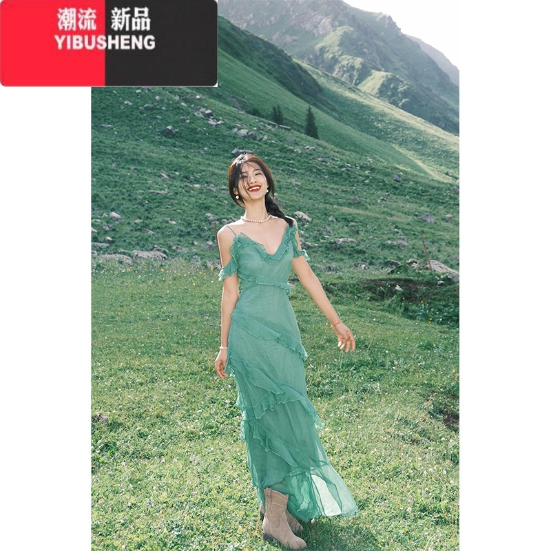 YIBUSHENGTurn right/陳大腿 纯欲性感木耳边吊带连衣裙女设计感修身长裙