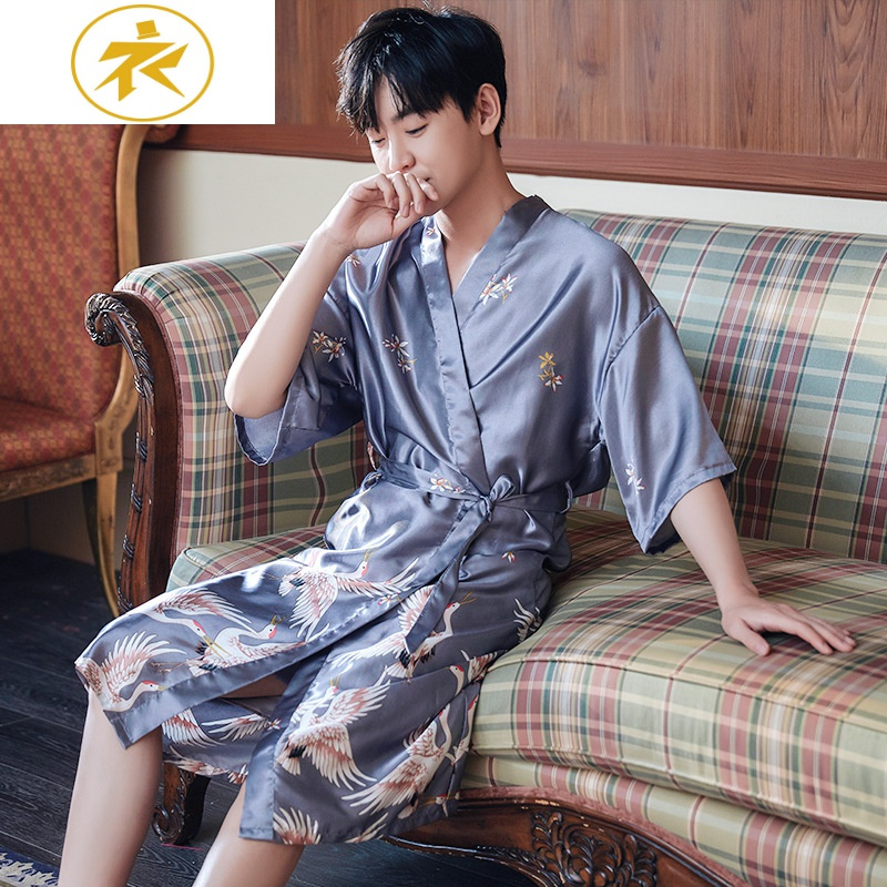 ideamini情侣睡袍春秋季男士睡衣女夏质和服睡裙吊带冰丝两件套