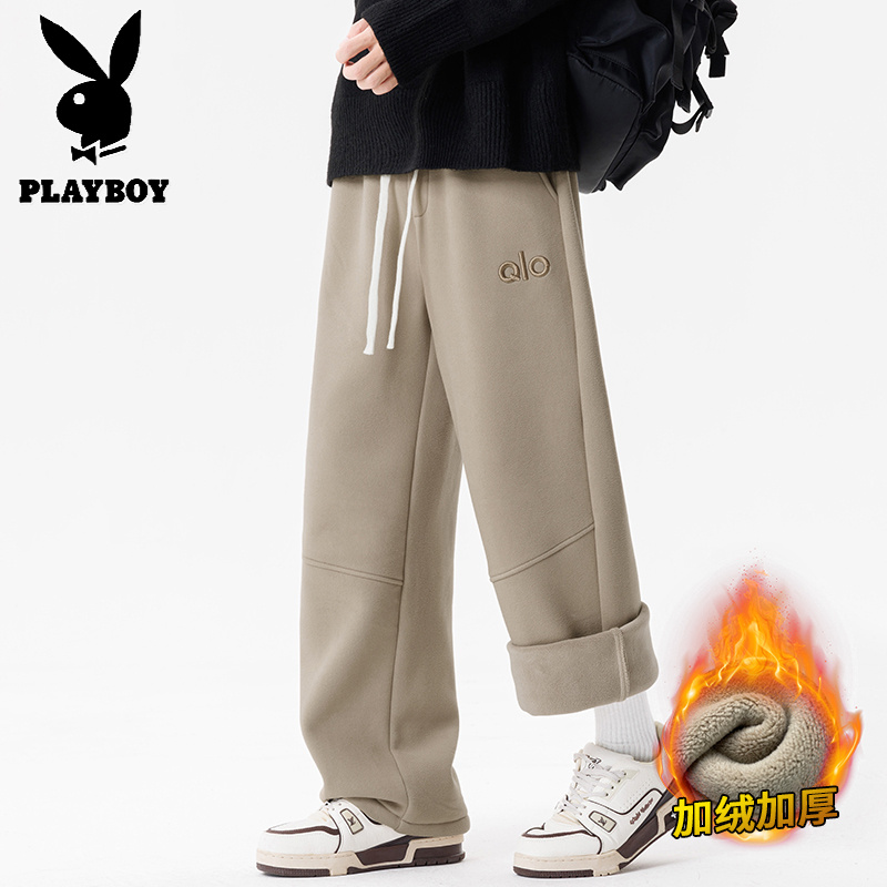 花花公子新款冬季加绒加厚奥粒绒休闲裤刺绣保暖德绒裤子-裤脚可调节高清大图