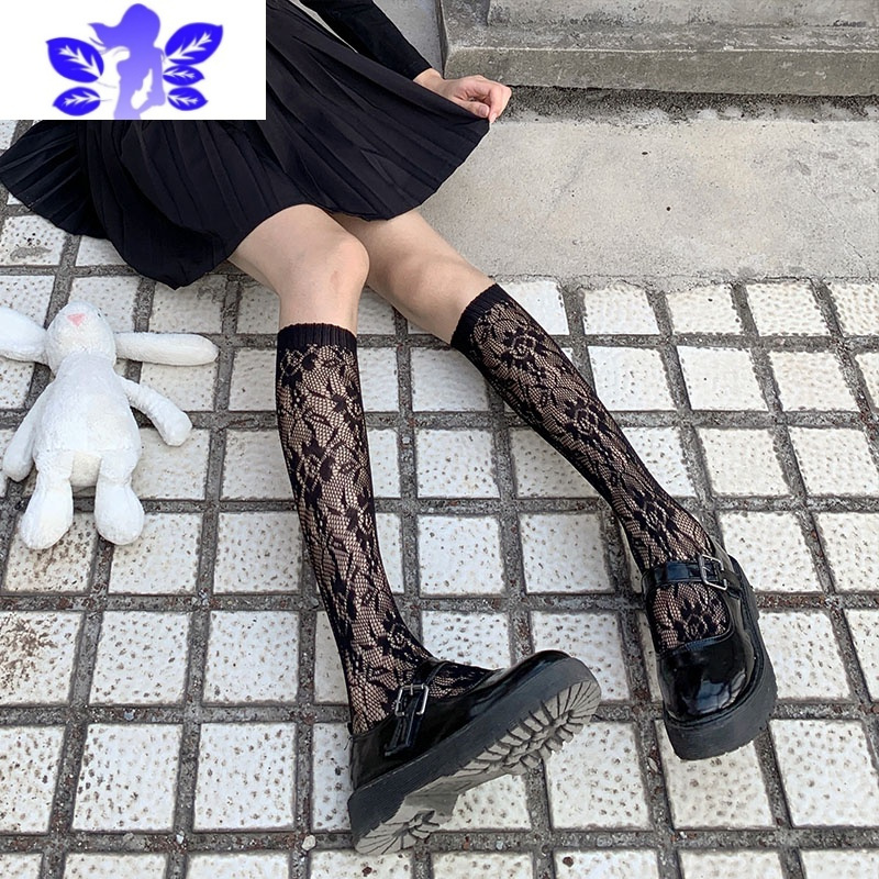 ideamini小腿袜jk黑丝女中筒袜黑色蕾丝长筒镂空春薄款丝袜