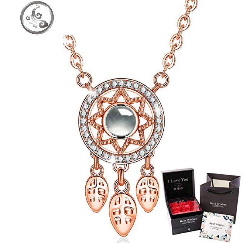 S925纯银麋鹿项链女锁骨链100种语言我爱你定制投影刻字生日 JiMi 捕梦网玫瑰金+抽屉玫瑰花礼盒