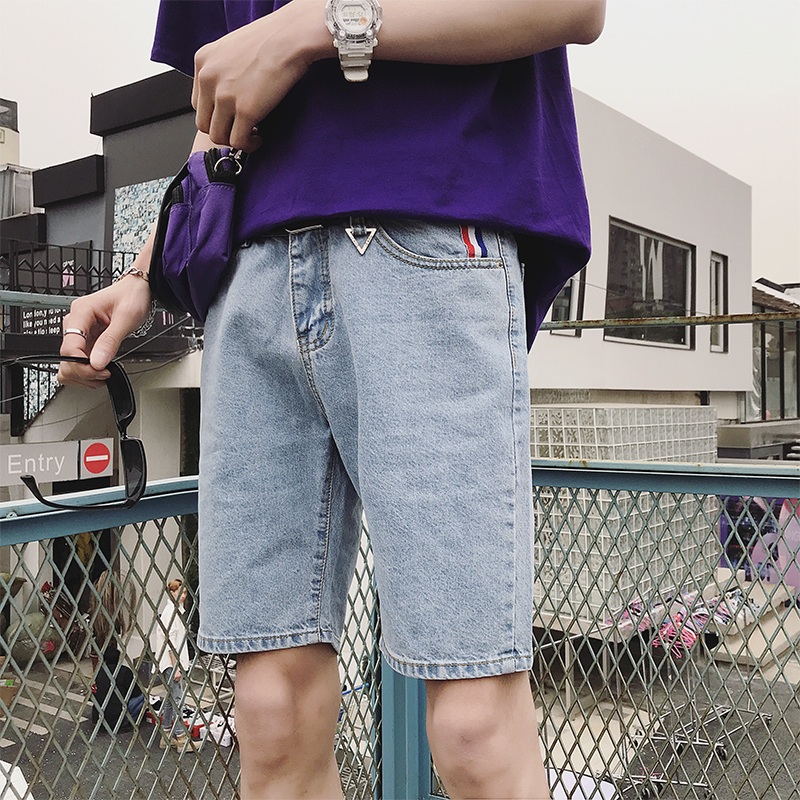 港风牛仔短裤男潮夏款薄款浅色5分中裤大码牛仔裤男士五分裤夏天