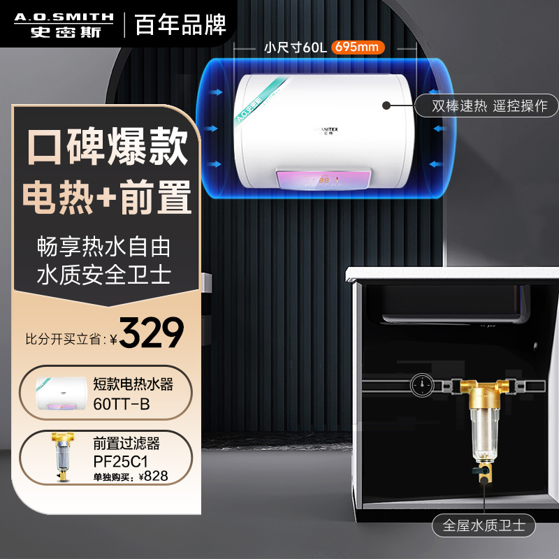 AO史密斯佳尼特[净水洗套装]60升电热水器TT-B+前置过滤器 储水式 金圭内胆8年免费包换 双棒分离速热 可遥控大屏