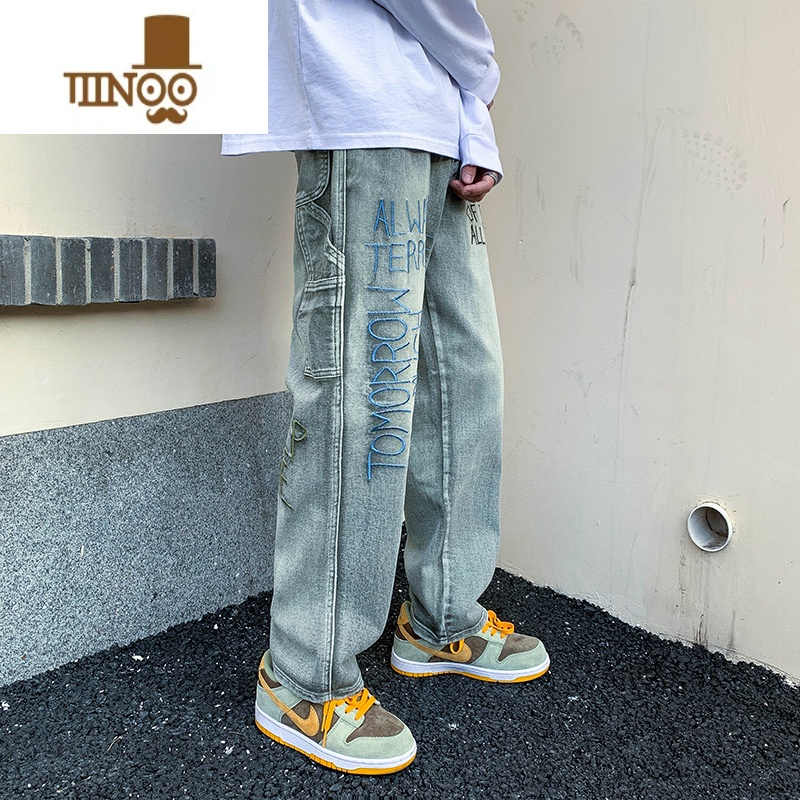 YANXU欧美vibe刺绣工装牛仔裤男潮牌ins美式高街嘻哈宽松阔腿拖地长裤高清大图