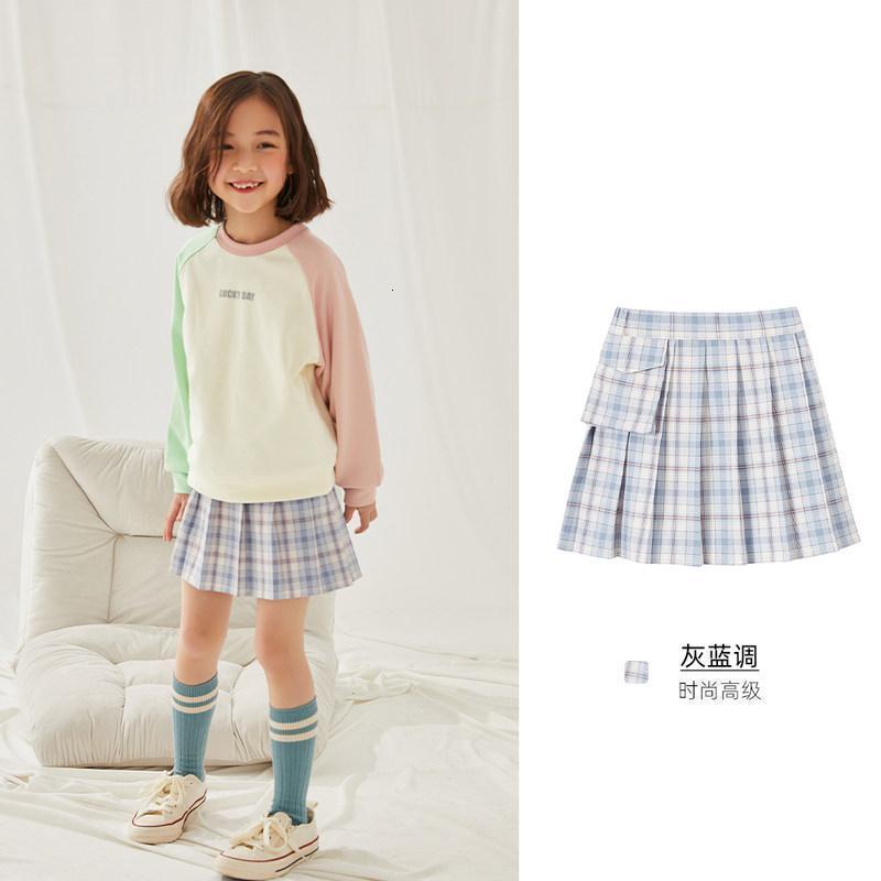 moomoo童装亲子款女童裙装2021春秋秋新款百褶裙女中童格子JK半裙_797 160cm(160/66A) 灰蓝格组