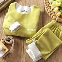 儿童秋衣秋裤套装男童女童春秋透气内衣中大童家居服保暖睡衣_455 90 AB面套装-豆绿色
