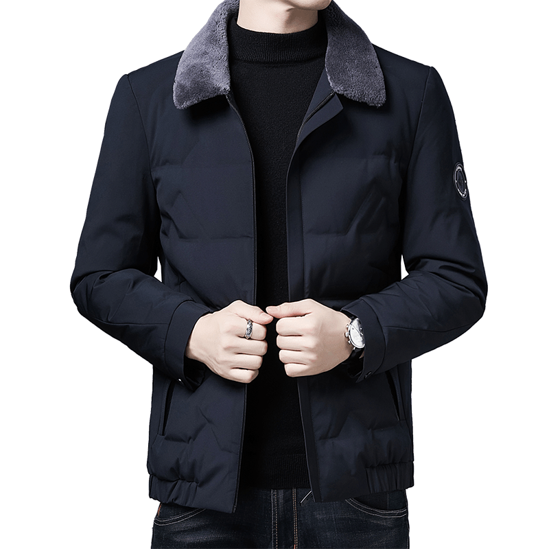 花花公子品牌2021冬羊毛翻领羽绒服男短款白鸭绒休闲中年男士外套保暖衣服图片