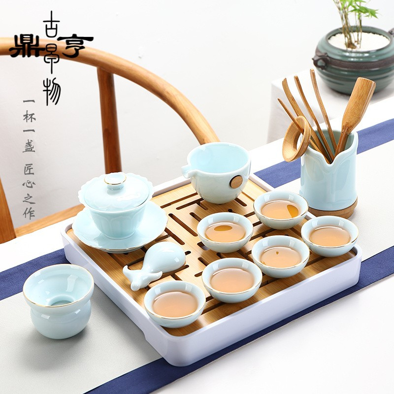 鼎亨影青瓷功夫茶具套装家用整套白瓷简约办公泡茶盖碗陶瓷喝茶杯