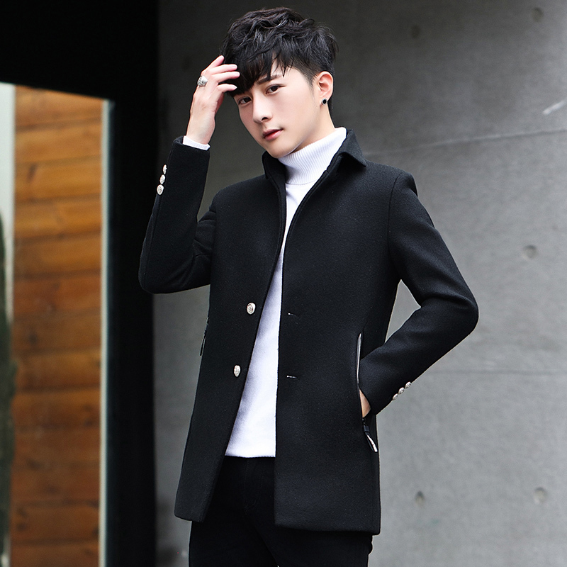 suntek男士帅气中长款小风衣男青年秋冬季新款修身呢子大衣加厚毛呢
