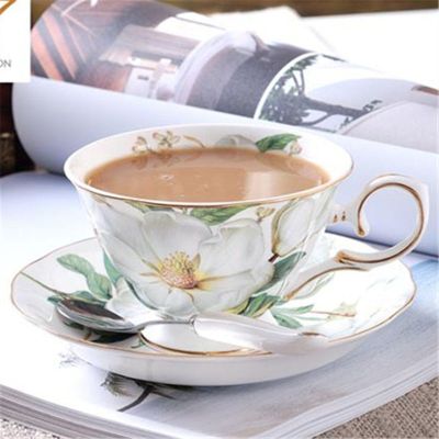 骨瓷咖啡杯套装家用简约英式下午茶茶具欧式花茶杯送架子送勺带碟|白茶花 二杯二盘