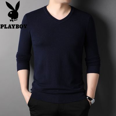 花花公子经典人气春秋薄v领毛衣男长袖男士针织衫休闲男装外穿大码上衣服 L 上青