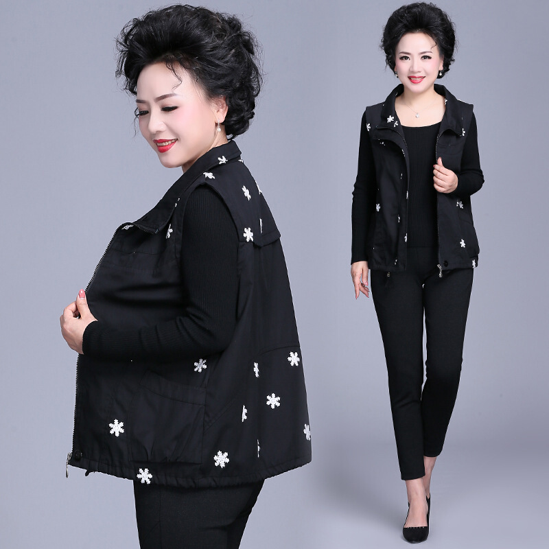 迪鲁奥（DILUAO)同款【品质女装】中老年马甲女春秋薄款中年女装中长款牛仔妈妈装秋装洋气上衣大码 黑色_55 XL/建议110斤以下 默认颜色