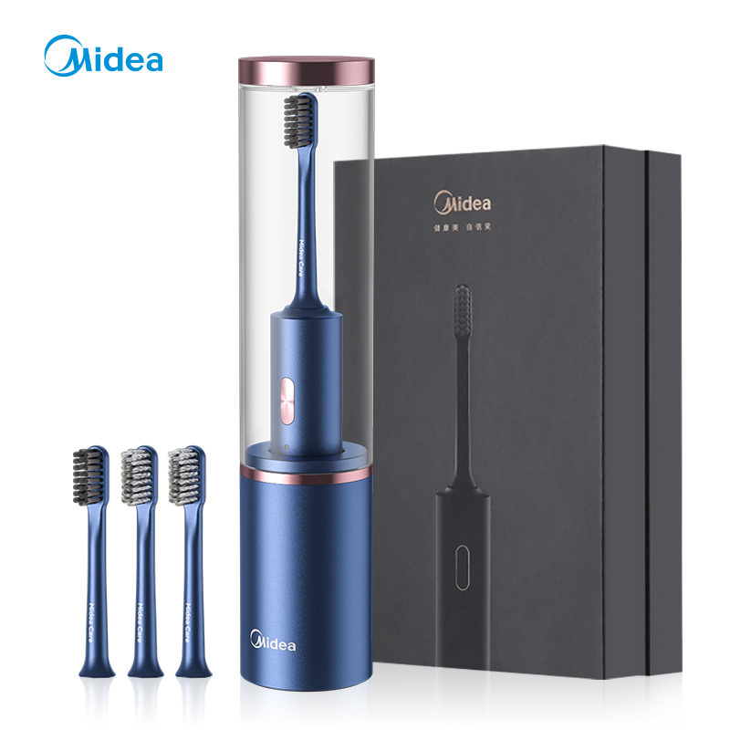美的(Midea)电动牙刷MC-AX0102 琉璃蓝 消毒除菌牙刷 成人(刷头*4)竹炭+敏感刷头 亮白洁齿 情侣款