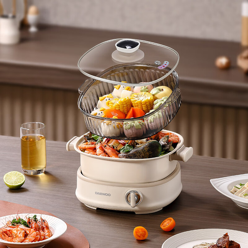 大宇(DAEWOO)多功能电火锅分体式上蒸下煮多用途锅 电火锅DYHG-8530白爵白(彩邮外)!
