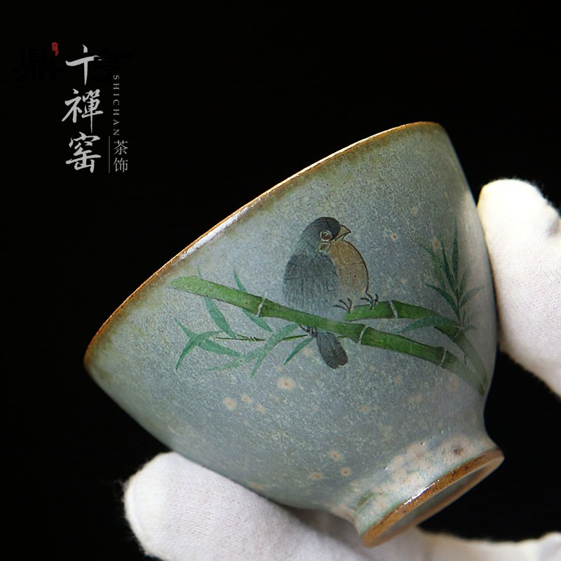 鼎亨十禅窑 景德镇手绘竹鸟主人杯 粗陶汝窑开片单杯品茗杯 功夫