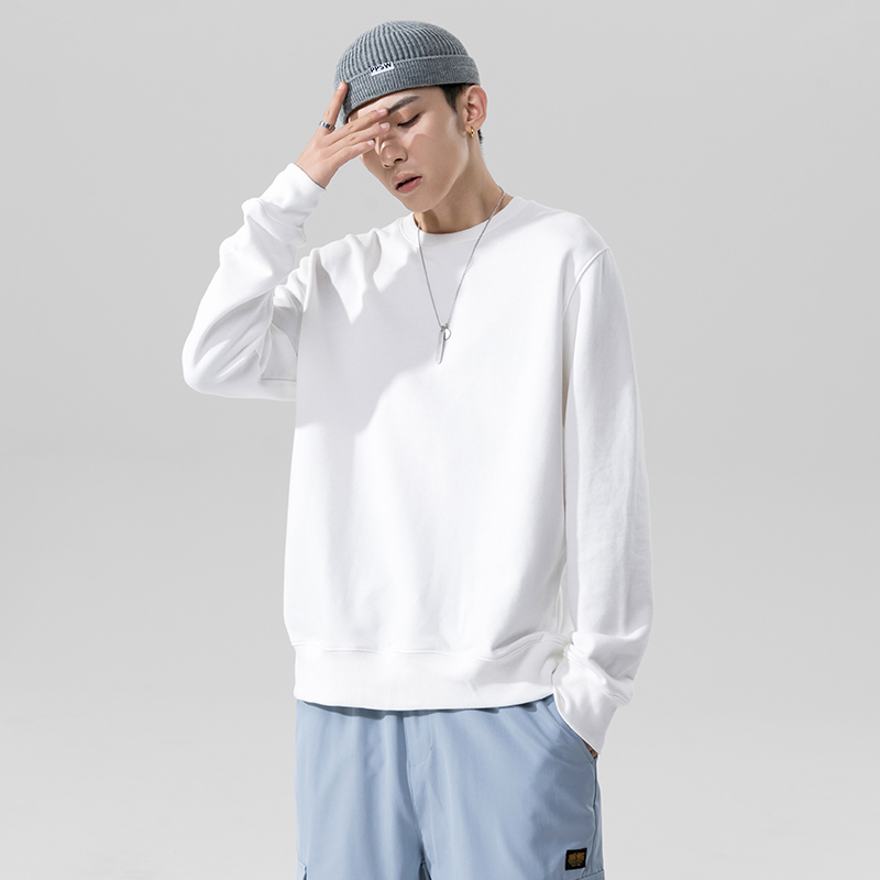 baluoshang白色卫衣男圆领打底衫日系高街内搭上衣男生纯色简约潮流