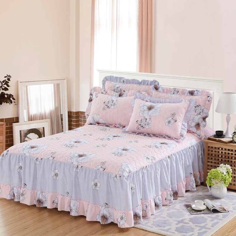美帮汇夹棉全棉床裙式床罩单件保护床套荷叶花边床单床群双人1.8米2.