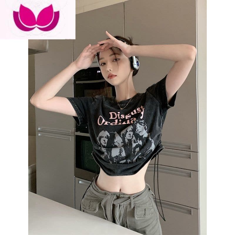 七斓美式辣妹正肩短袖T恤女夏季2023新款抽绳设计感修身显瘦短款上衣图片