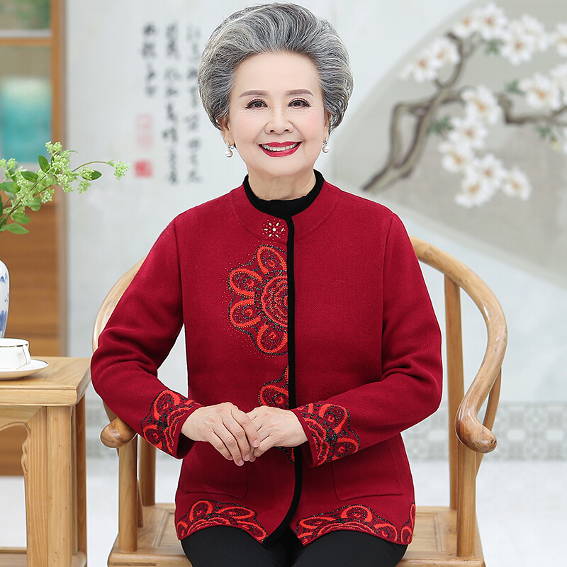 迪鲁奥（DILUAO)2021妈妈装秋冬装长袖半高领加厚毛衣外套中老年女装大码针织开衫奶奶 115建议100-120斤 红色