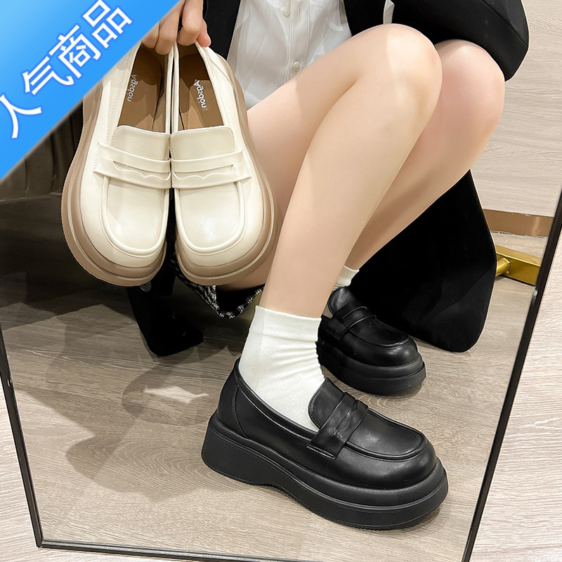 SUNTEK白色乐福鞋女厚底增高2023新款单鞋英伦学院风复古大头高跟小皮鞋